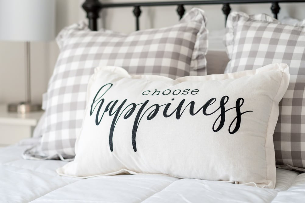 Choose happiness pillow on iron bed - modern farmhouse home decor