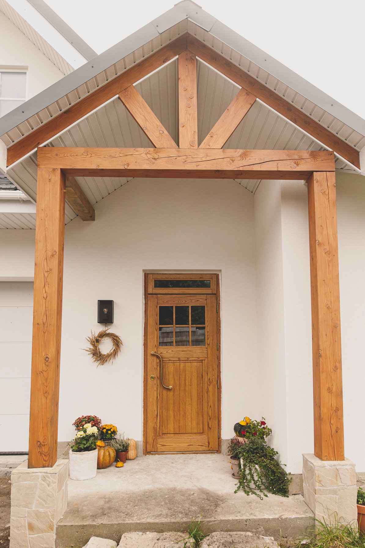 Stylish Autumn Decor of Farmhouse Entrance or Porch. Autumn Rust